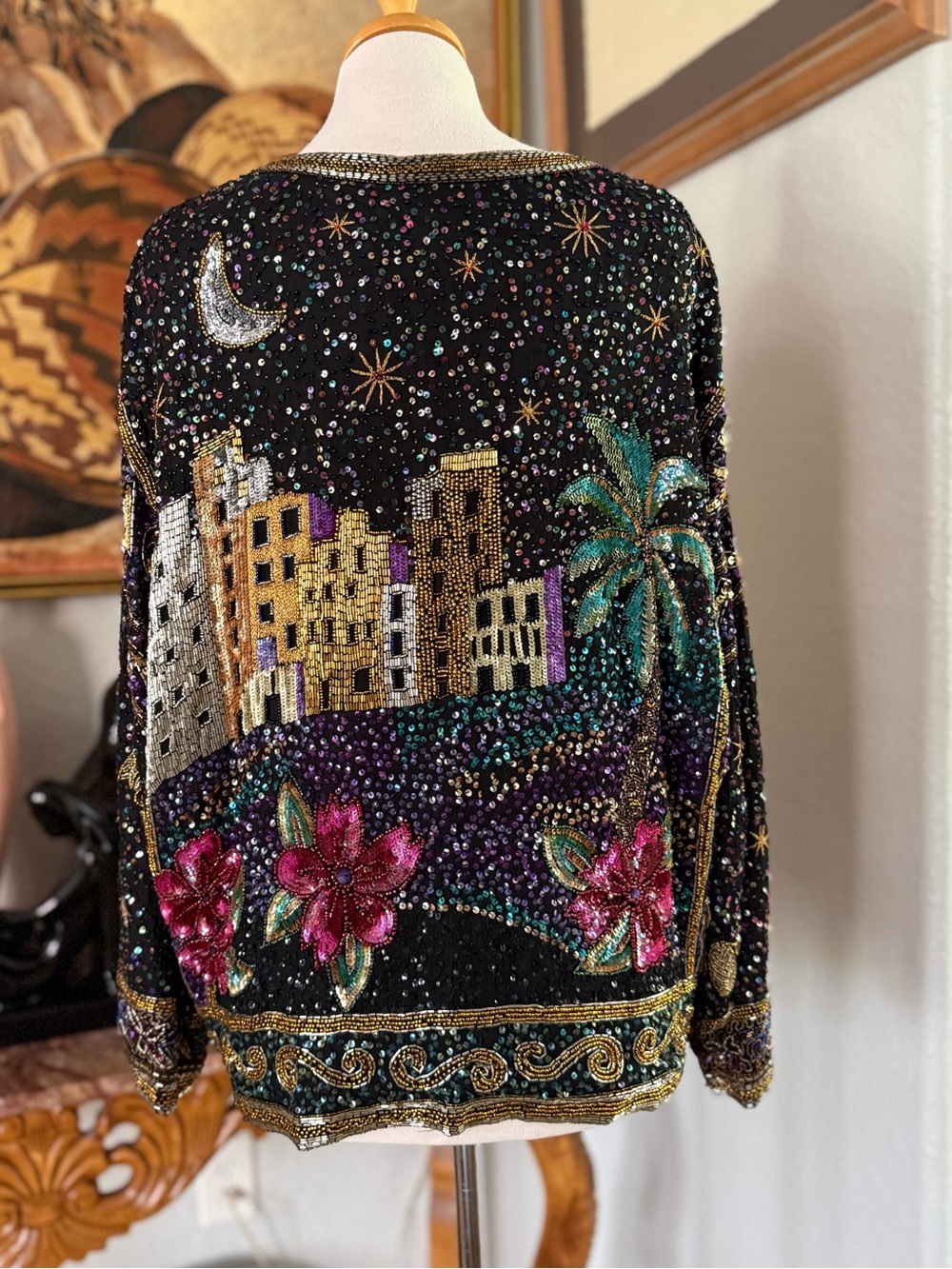 Vintage 1980s 80s Glam Sequin Arabian Desert Night Scene Beaded Jacket